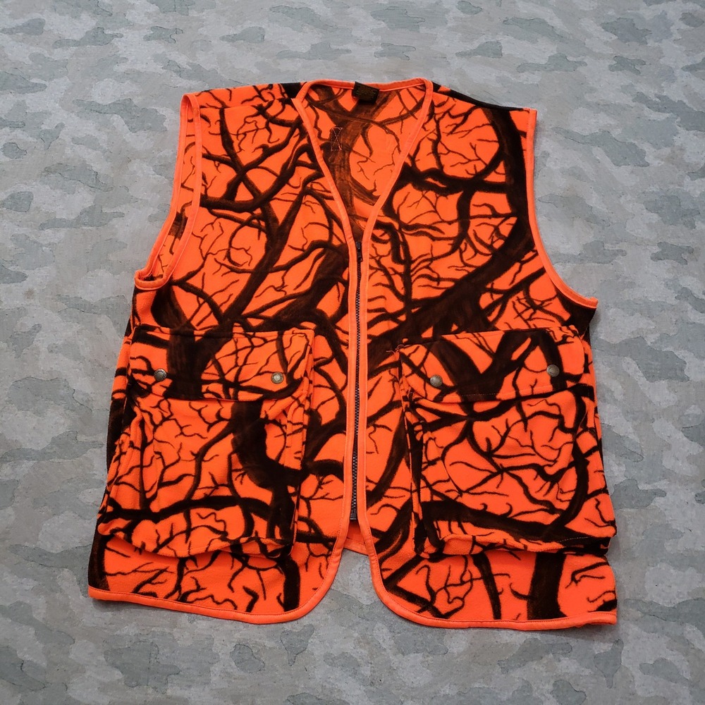 Cabelas Hunting Vest Mens Medium Orange Camo Fleece Full Zip Pockets Outdoors
